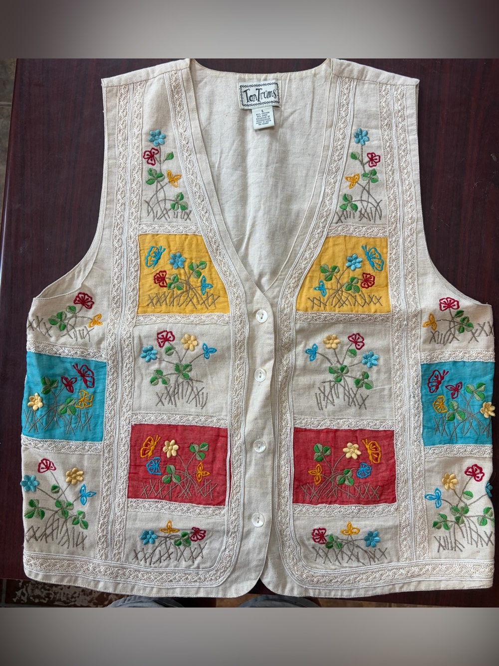 Vintage Tan Trums linen floral embroidered vest size L VGC